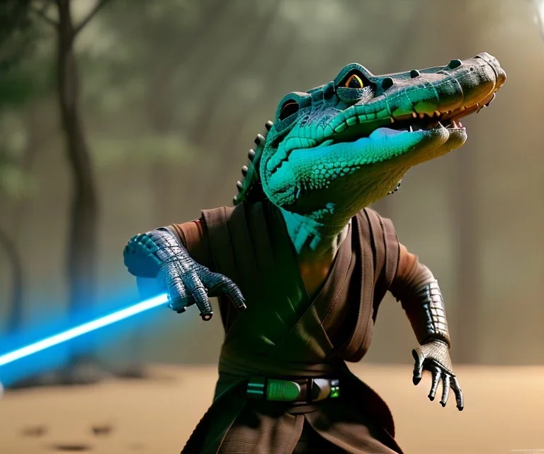 Star wars animation, crocodilian, frills, wide head, samurai robe, holding lightsaber, hands, wrist gauntlets, metal visor