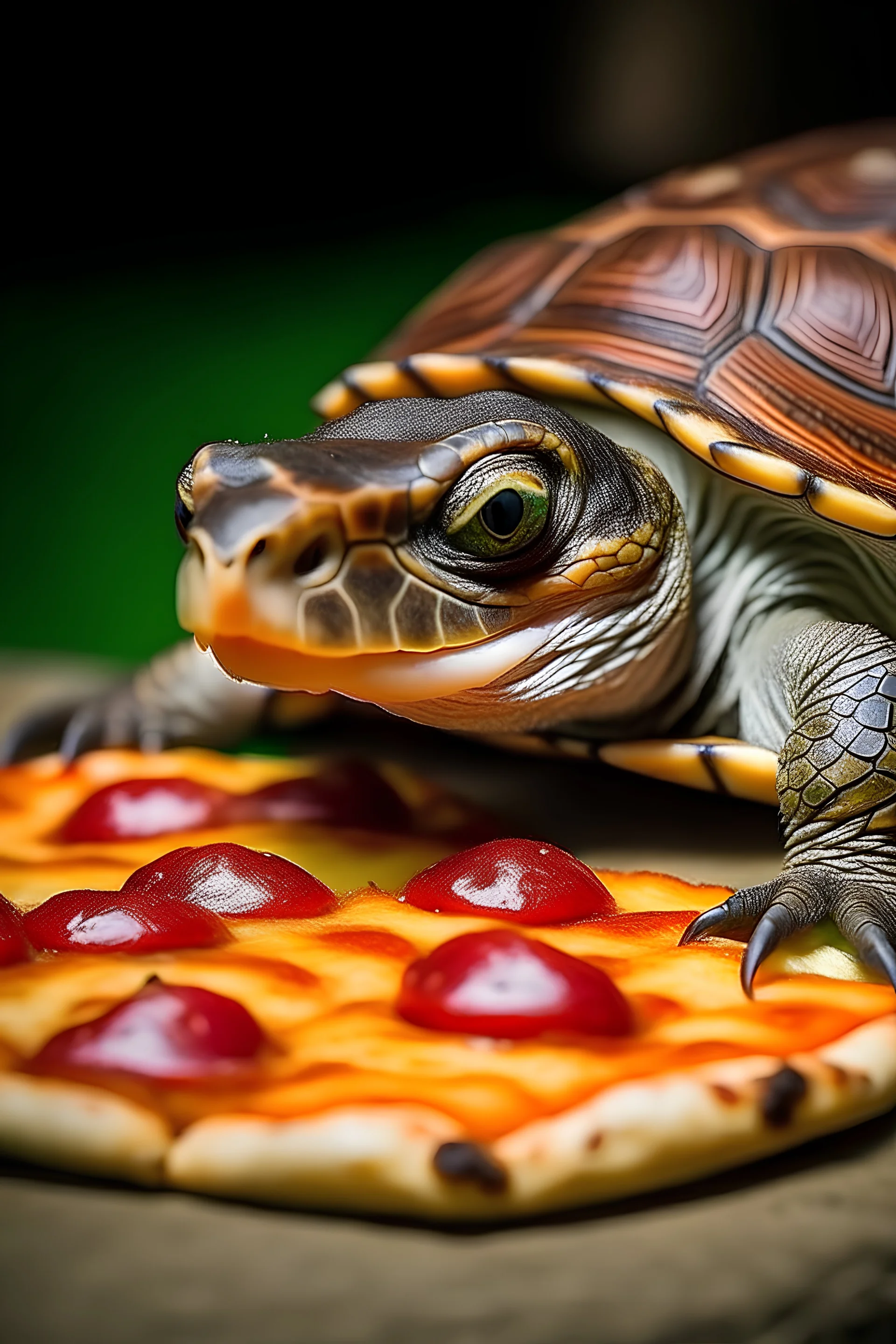 turtle eating a pizza, she is angry, she is from iceland