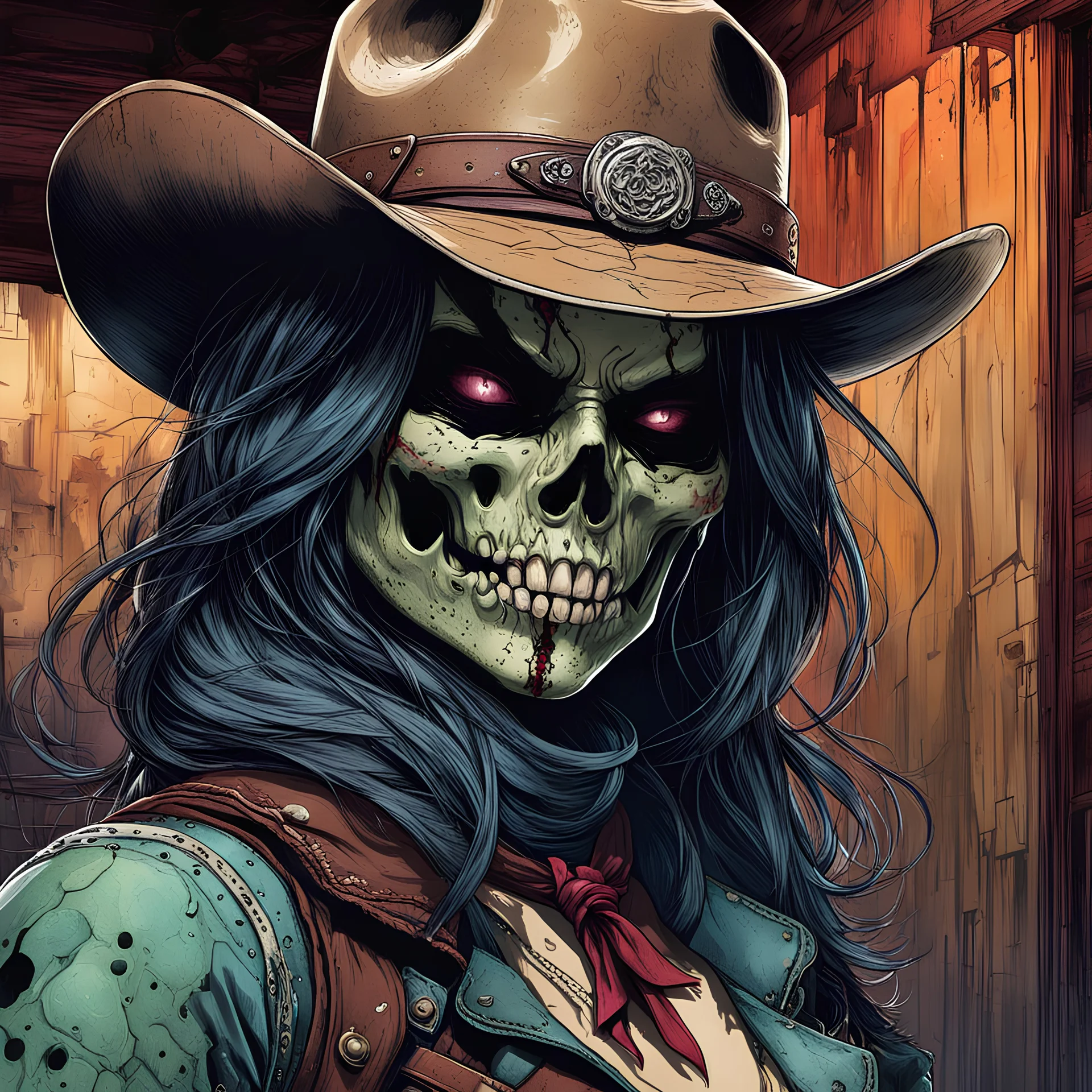 highly detailed concept illustration of an alternate reality undead Wild West female anti heroine bounty hunter in an abandoned saloon ,maximalist, sharp focus, finely detailed facial features, highest resolution, in the styles of Alex Pardee, Denis Forkas , and Masahiro Ito, boldly inked, 8k, coarse, gritty textures