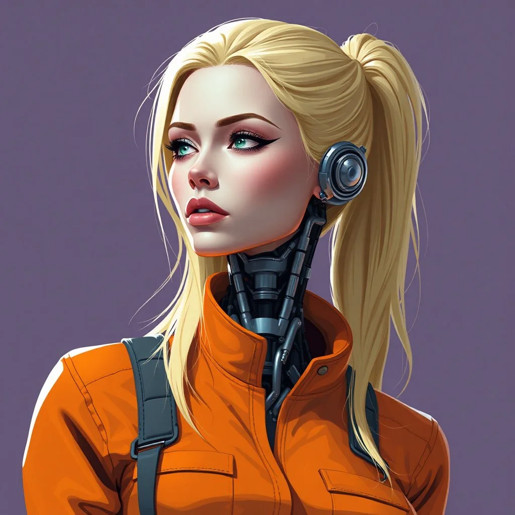 a blonde woman wearing jumpsuit, robotic neck, digital art, stylised