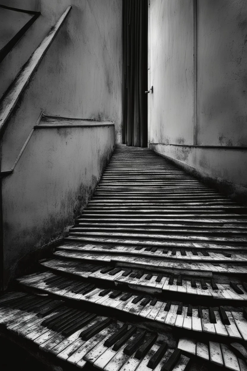 stair steps made of dirty old black and white (piano keyboards:1.6)