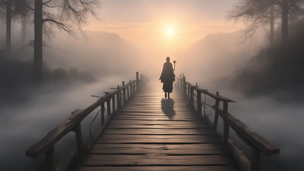 walking straight ahead over a wooden bridge, holding the angel of death with your right hand, entering the fog at the end of the road that leads to the afterlife, a stream from the mountains flows from the right and left, and a beautiful sunset behind the fog, realistic