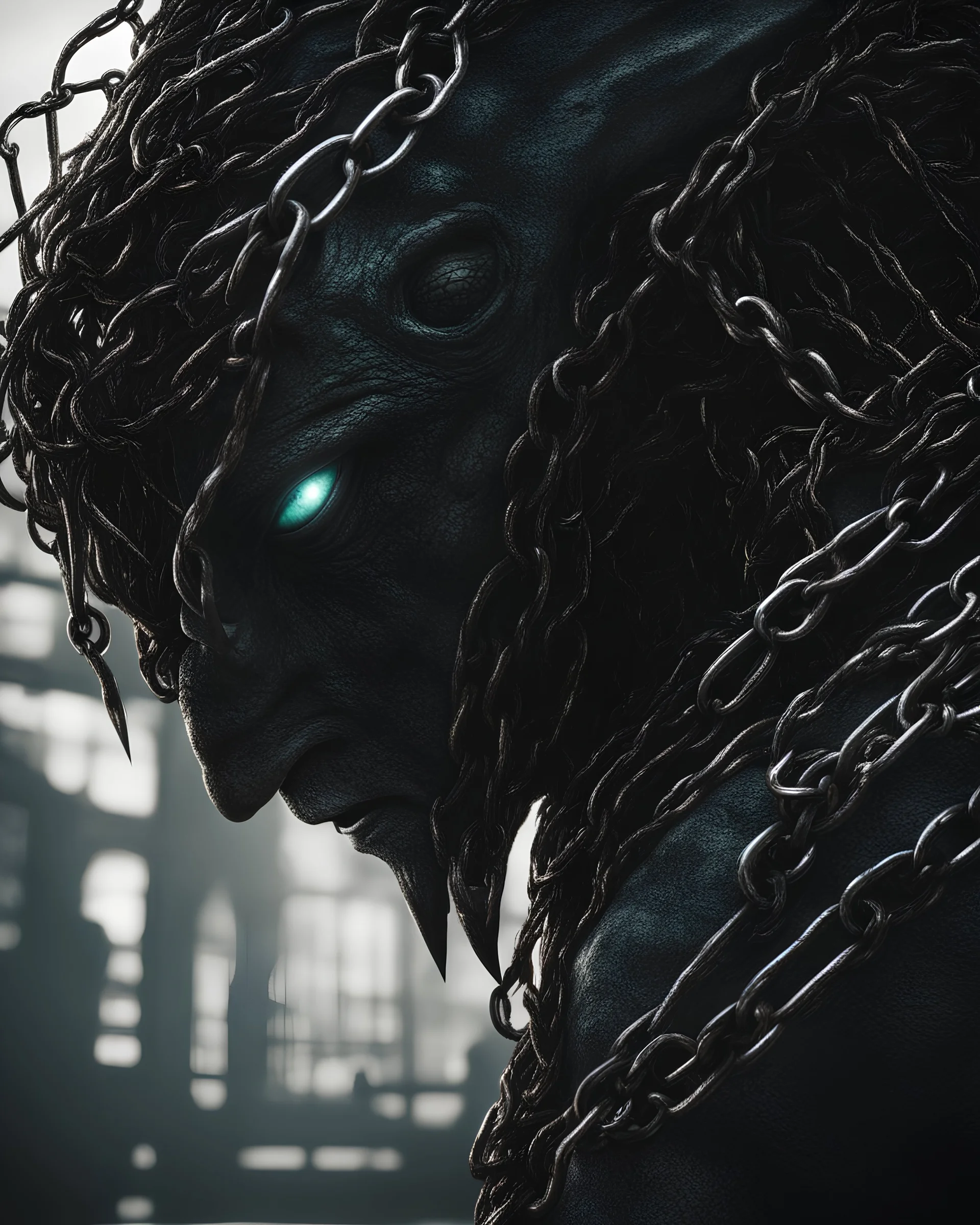 Dark fantasy scifi caged Celestial alien monster with chain body and long connecting chains