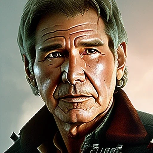 8K space background with stunning photo realistic detailed head to waist portrait of harrison ford as han solo in star wars with photo realistic short hair by Sergi Cadenas, Sharp focus, brown eyes, weathered skin,space jacket from star wars, cinematic lightning