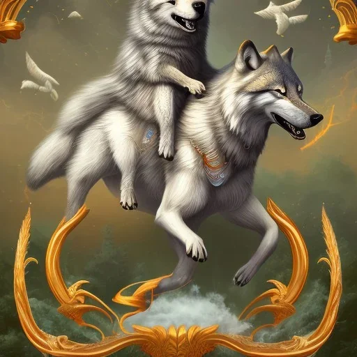 Wolf riding on the back of flying goose