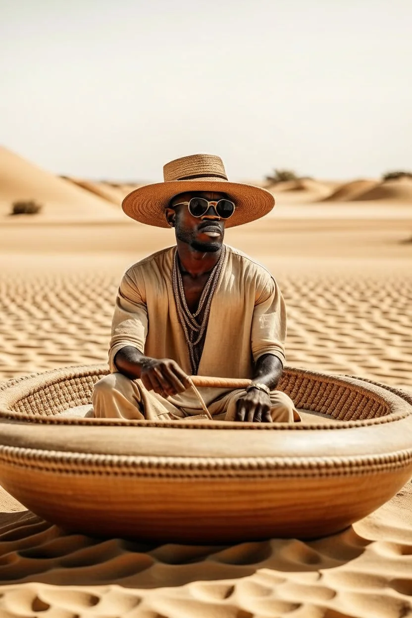 African man wearing hat and sunglasses, rowing small boat in desert sand at a distance