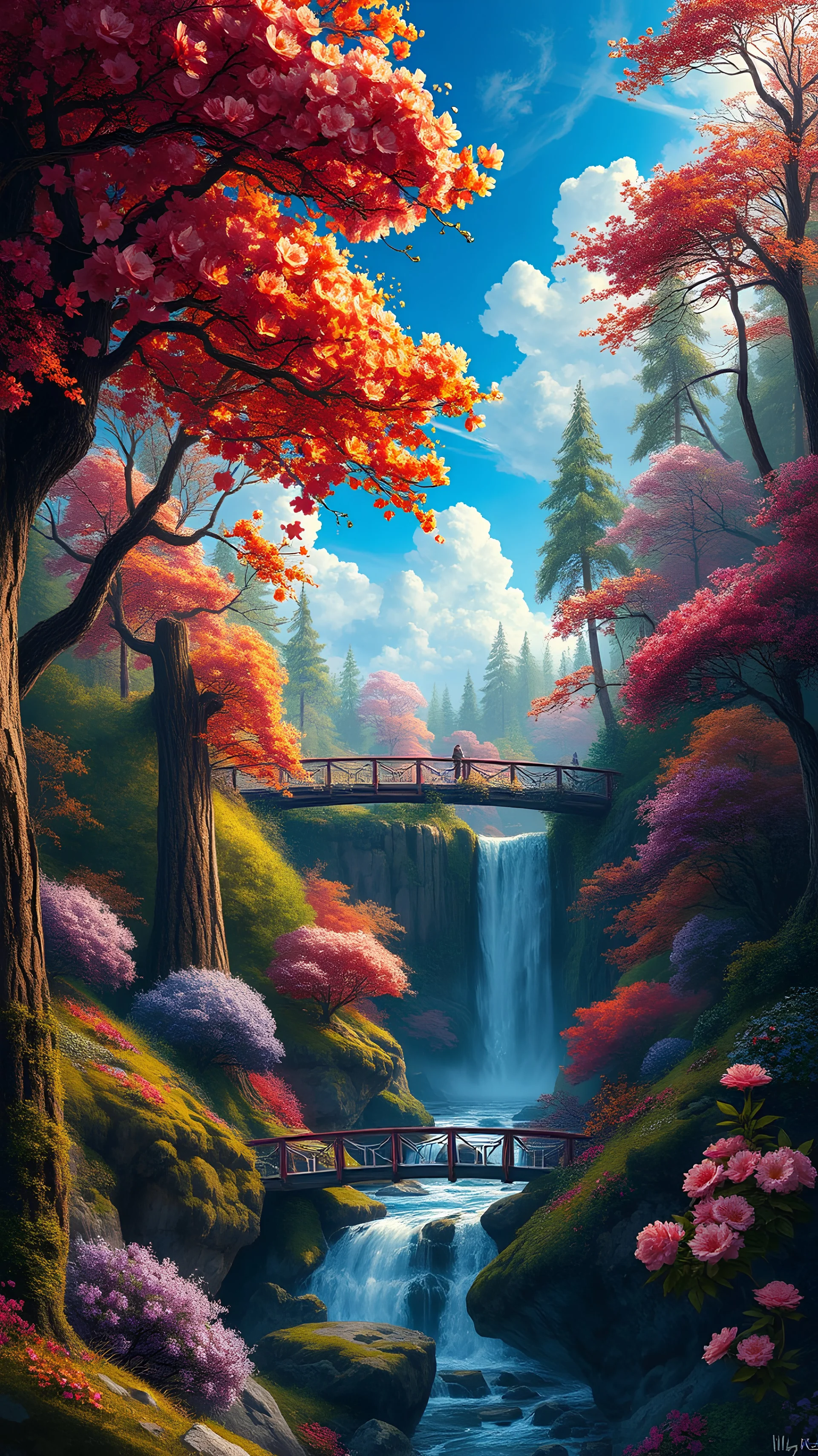 3d holographic editorial photo: さよなら, scenic view of a fairytale background, forest with colorful flower blooming, waterfall, blue sky, bridges, chiaroscuro, dramatic lighting, intricate details, scifi fairytale, surrealism, by ilya repin, by mike mignola, highly detailed oil painting, brush strokes, complex composition, warm color palette, Art by J. C. Leyendecker, John Williams Waterhouse, Tom Bagshaw, Maxfield Parrish, Ellen Segn