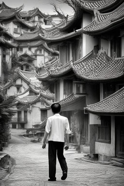 Black & white man walks on road's chinese village with playing light and shadow as ho fan style