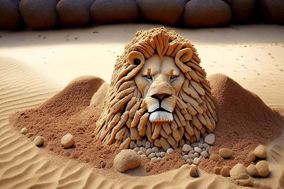 lion made of pebbles in sand