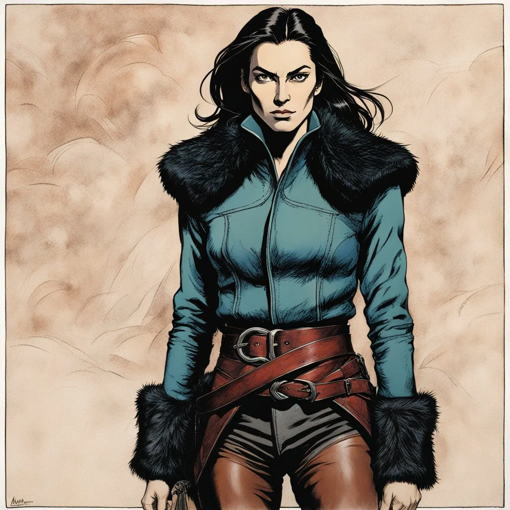 Create an aquatint portrait of an epic fantasy Lankhmar female thief character , slim in stature, with shoulder length hair, finely lined and detailed facial features, in an fur collared leather doublet and breeches , a short oriental cloth belt at the waist, stealthy soft leather slippers, , in the comic book style of Howard Chaykin, Mike Mignola, precisely drawn, colored and inked,