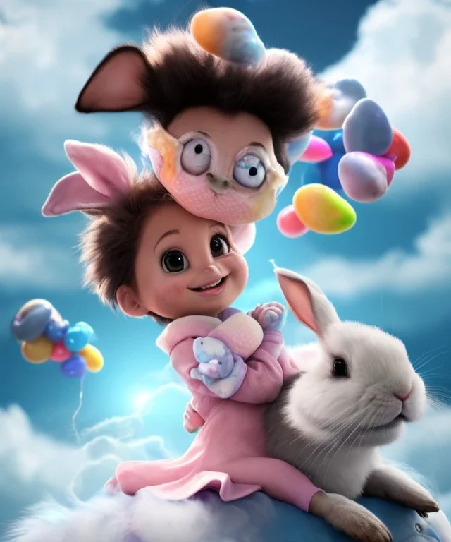 Ultra realistic speed clouds sky scene, wide angle view, childs falling down with many Childs background, rabbit head, inflatable monsters, circus dress style, feather color, free jumping flying, many trinkets, hair monster, many jelly beans, balls, color smoke, smile, happy, extreme, wind, clouds sea, 20,000 feet altitude, stratosphere, soft color, highly detailed, unreal engine 5, ray tracing, RTX, lumen lighting, ultra detail, volumetric lighting, 3d, finely drawn, high definition.