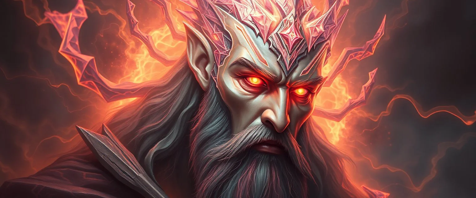 close up portrait of a plasma king flickers like hypnotic fire in geometric shapes like a dna swirl of time and a fearsome planeswalker covered in powerfull runes