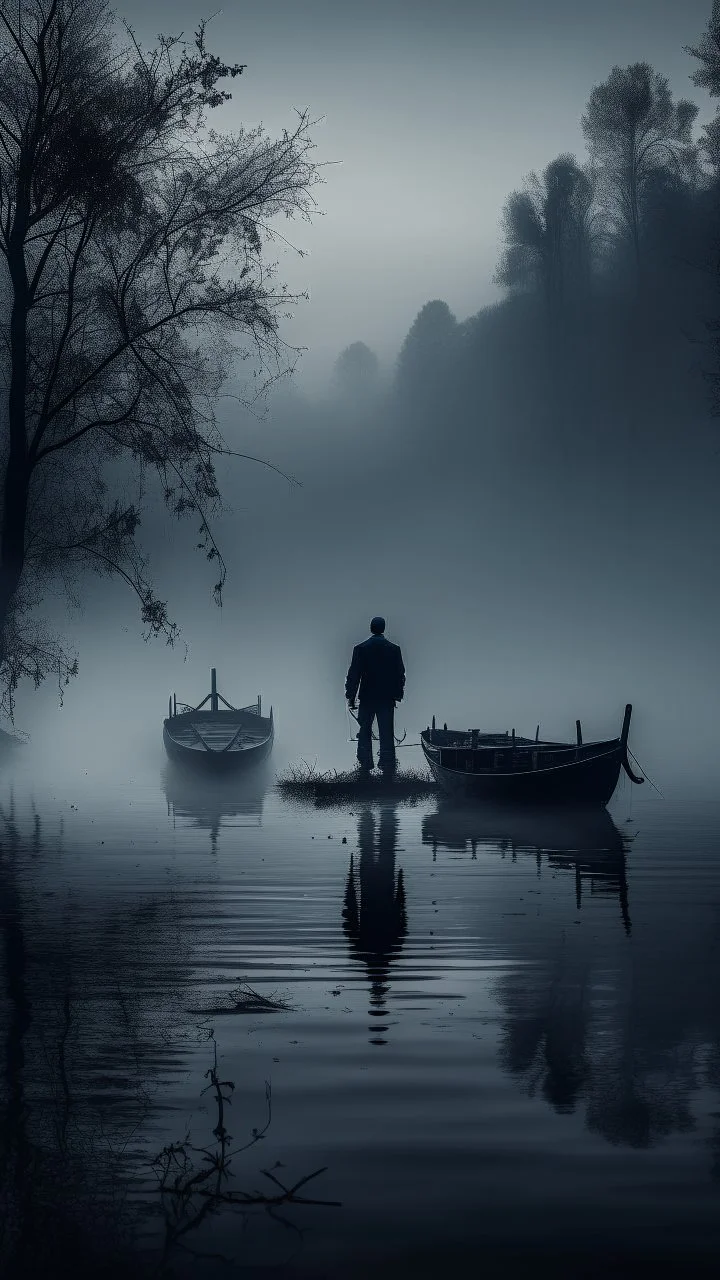 A mysterious man in black standing by the foggy lake black vein, human veins, mixing together a lot of them, like a forest, big and small veins a lot of them. A mist, show a small boat in a man in dark is coming in dark foggy distance and another man is standing