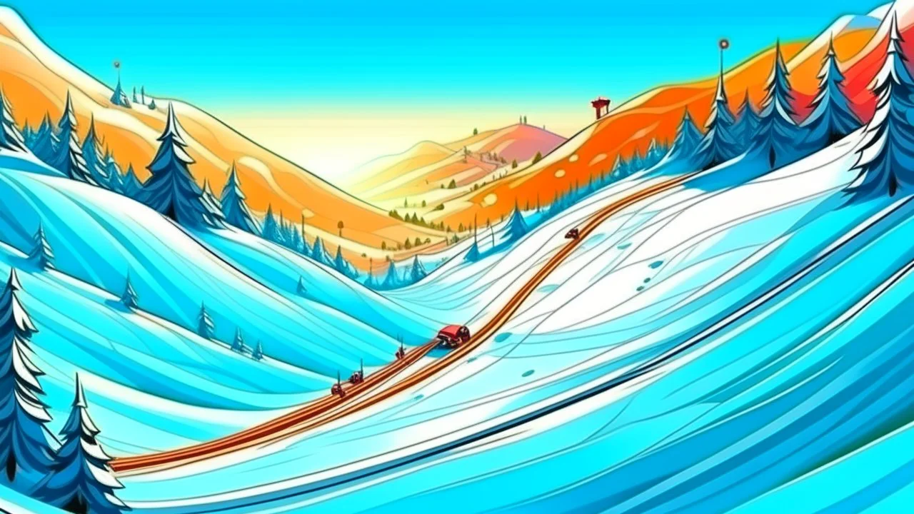 Fantasy cartoon style: view down the ski slope from the top of the hill