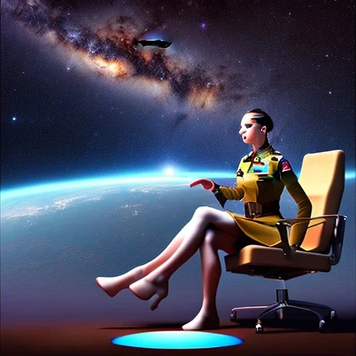 centered portrait of female soldier sitting on small chair, wearing no helmet, by a starship window with a view to the milky way