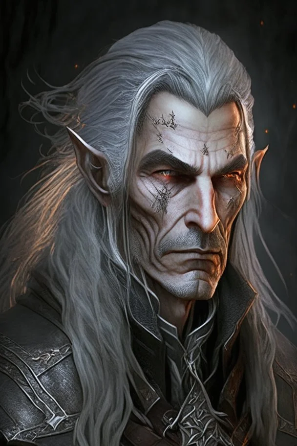 ancient grizzled, gnarled elf mage, he has long, grey hair streaked with black, highly detailed facial features, and sharp cheekbones. His eyes are black. He wears weathered medieval leather clothes. he is lean and tall, with pale skin, full body with thigh high leather boots and has a dark malevolent aura within swirling maelstrom of ethereal chaos in the comic book style of Bill Sienkiewicz and Jean Giraud Moebius in ink wash and watercolor