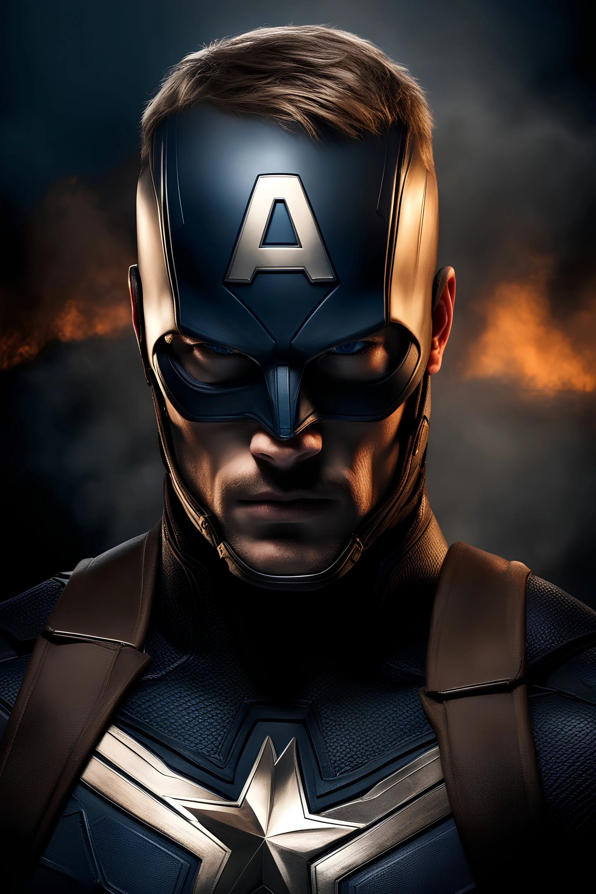 3D Portrait of Alan Ritchson as Captain America, perfect body, perfect face, perfect eyes, dark hair, glamorous, gorgeous, delicate, romantic, realistic, romanticism, blue tones, Boris Vallejo - Pitch black Background - dark, wood panel wall in the background - fire, fog, mist, smoke