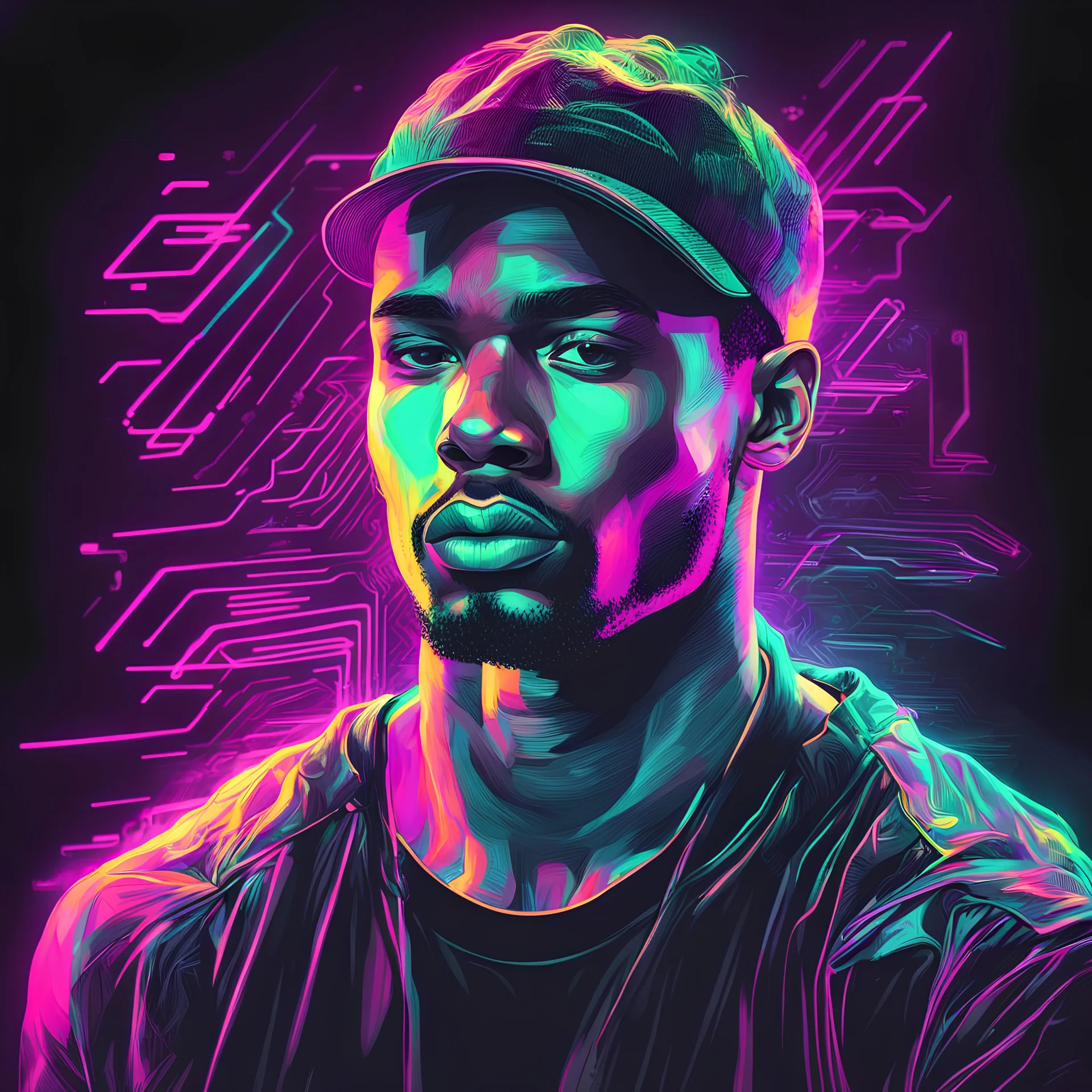 Hyper Realistic Glitched Sketch of Muscular Handsome Male Hip Hop Artist on a neon paper with dark futuristic background