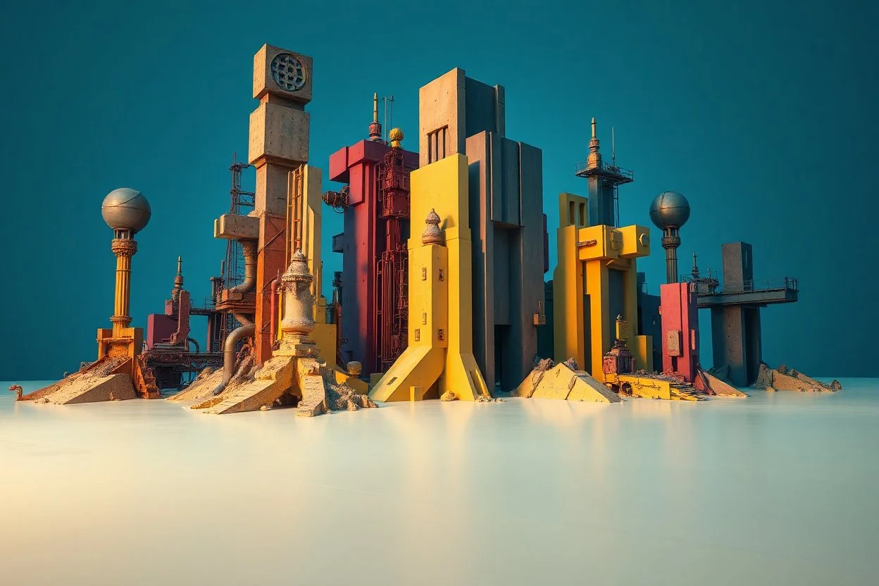 Fotografia di una superficie piatta di colore azzurro chiaro e giallo pastello, su cui si ergono enormi surreali strutture di forma astratta e surreale, di metallo, di colori vari, forti contrasti. Buio. Stunning. Strong 3d deep field. Oscurità, paranoic, obsessive, homologic, phobic, nightmare, notte, glossy, hasselblad h6d400c --ar 85:128 --v 6.