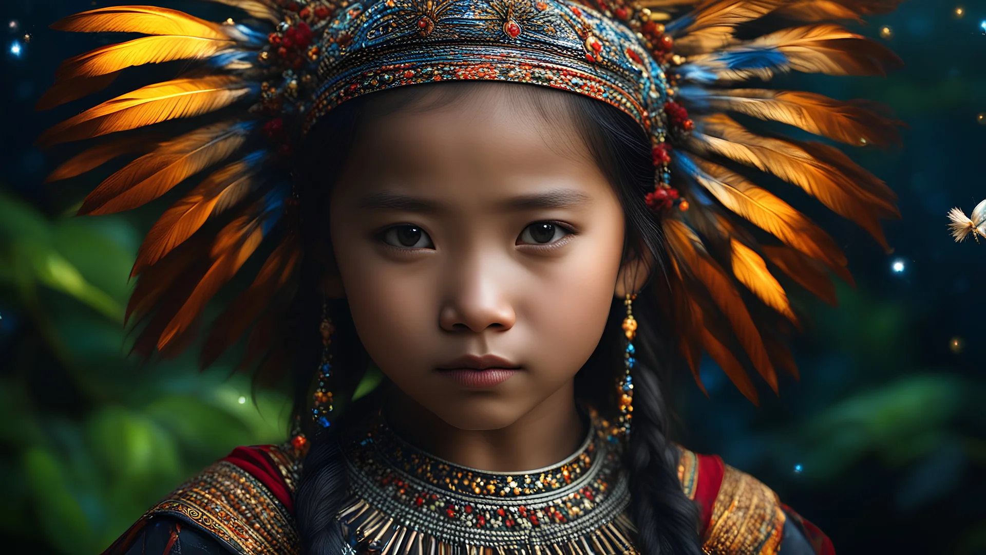 little young Sarawak Iban Christian girl, peaceful, gentle, calm, wise, traditional tribal costume, perfect eyes, exquisite composition, night scene, fireflies, stars, beautiful intricate insanely detailed octane render, hornbill feathers, 8k artistic photography, photorealistic concept art, soft natural volumetric cinematic perfect light, chiaroscuro, award-winning photograph, masterpiece, raphael, caravaggio, William-Adolphe Bouguereau, alma-tadema