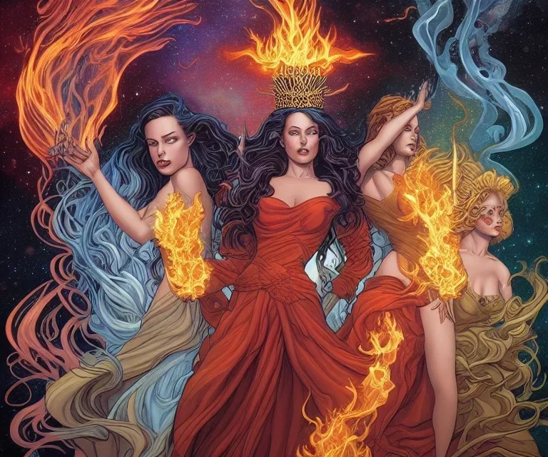 four dolldivine representing each one the four elements: fire, earth, air, and water. Mark Brooks and Dan Mumford, comic book art, perfect, smooth elemental galactic space core royalty queens crown.