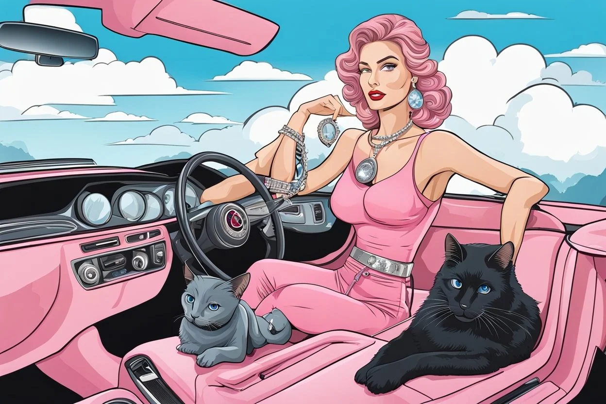 Woman in pink sedan sport car wearing a pink top and silver jewelry next a black cat sitting in car, cartoon, nice, harmony mood, blue sky, background landscape