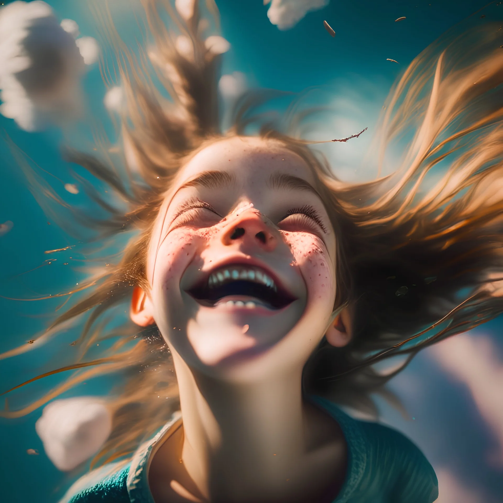 girl falling for sky, smiling, 8k, macro photography