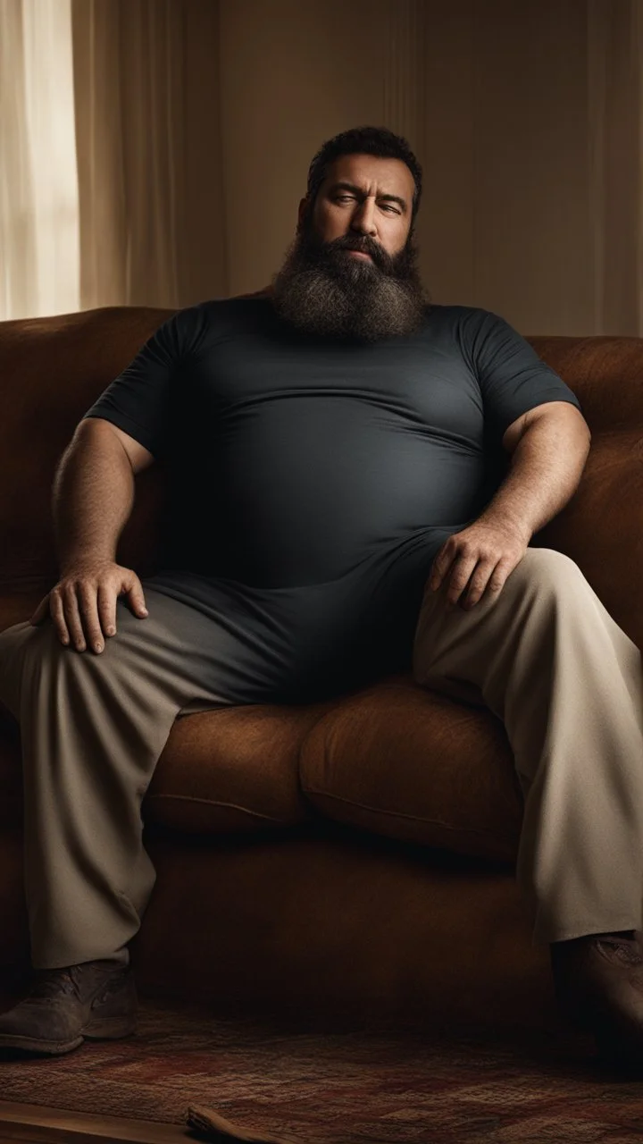 photorealistic, photography, full figure shot, an hairy men sleeping over an old sofa, hands behind the neck, Realistic photography, well defined facial features, strong muscular chubby sweat dirty arab, ugly , 43 years old , open legs, manly chest, big shoulders, manly torso, long beard, dirty ripped tracksuit , very dark living room, dim light, ambient occlusion, view angle from below, frontal view from the ground