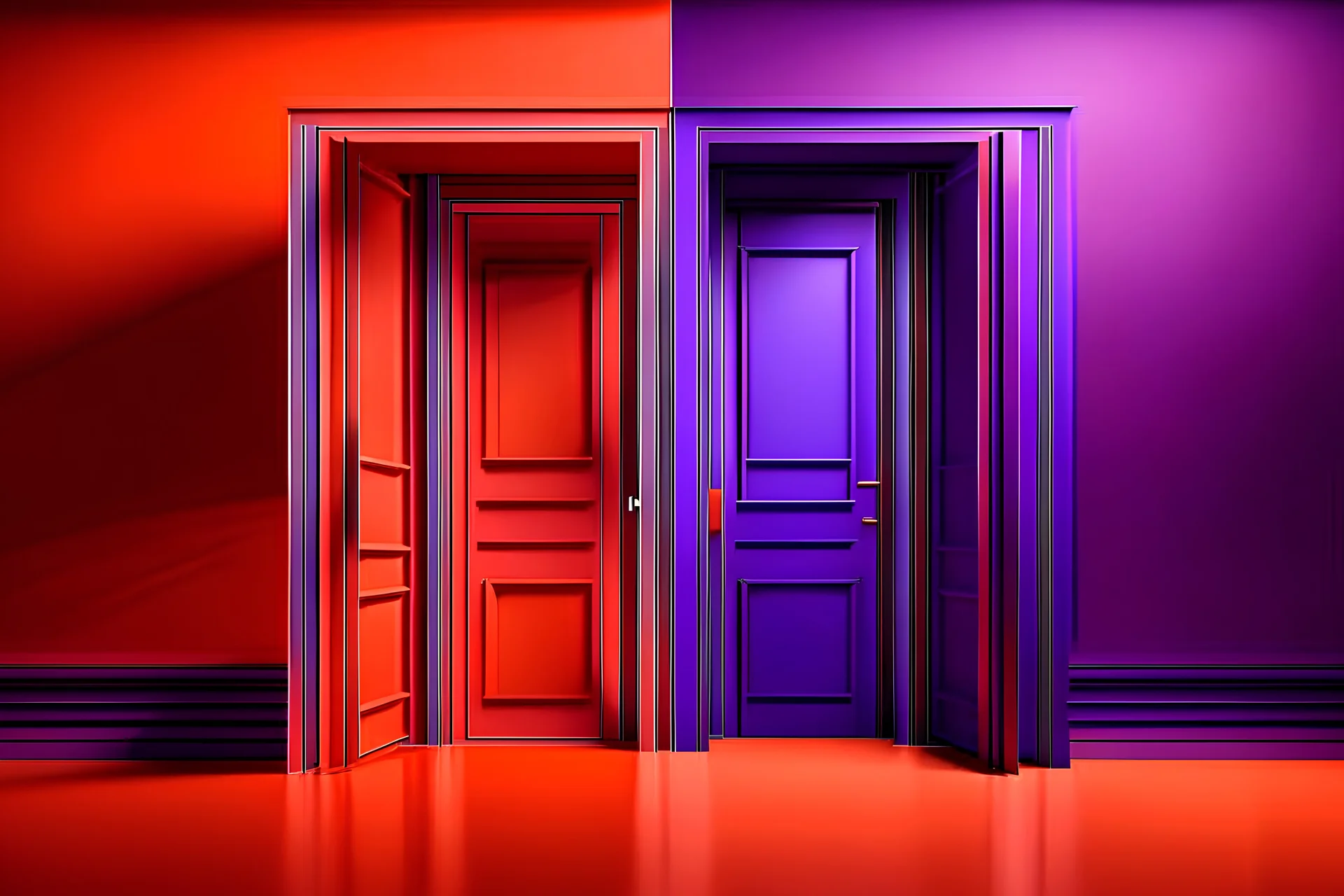 Generate a landspace view of doors one next to the other separated by a space in between that symbolises bias and decision-making. It should be slightly abstract and in tones of purple and orange, global light. No letters or numbers.