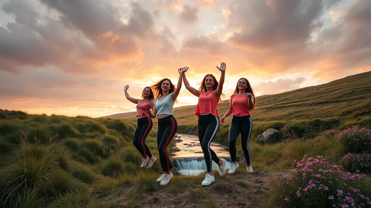 a group of young ladies in sports pants and blouse are dancing to camera in high grassy hills,a small fall and river and wild flowers at river sides,cloudy sun set sky