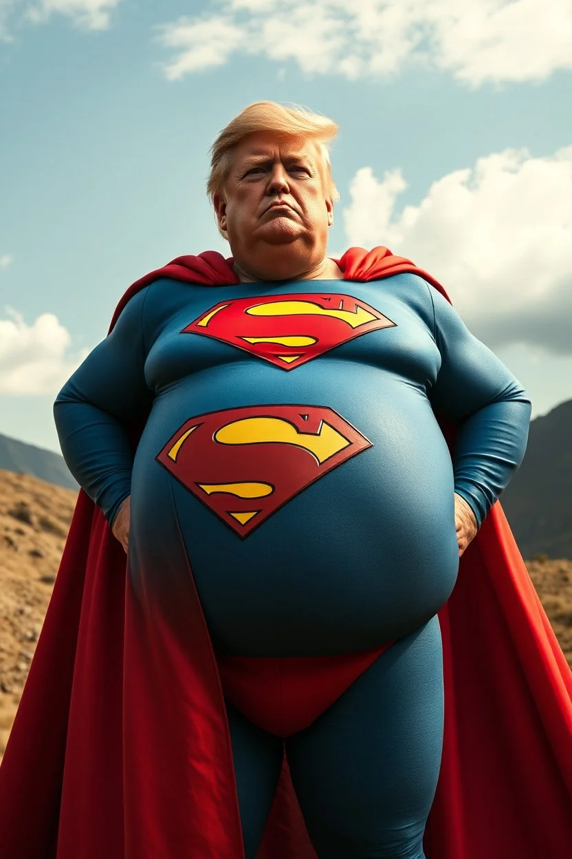 a thoroughly confused, elderly and morbidly obese donald trump standing dressed as superman