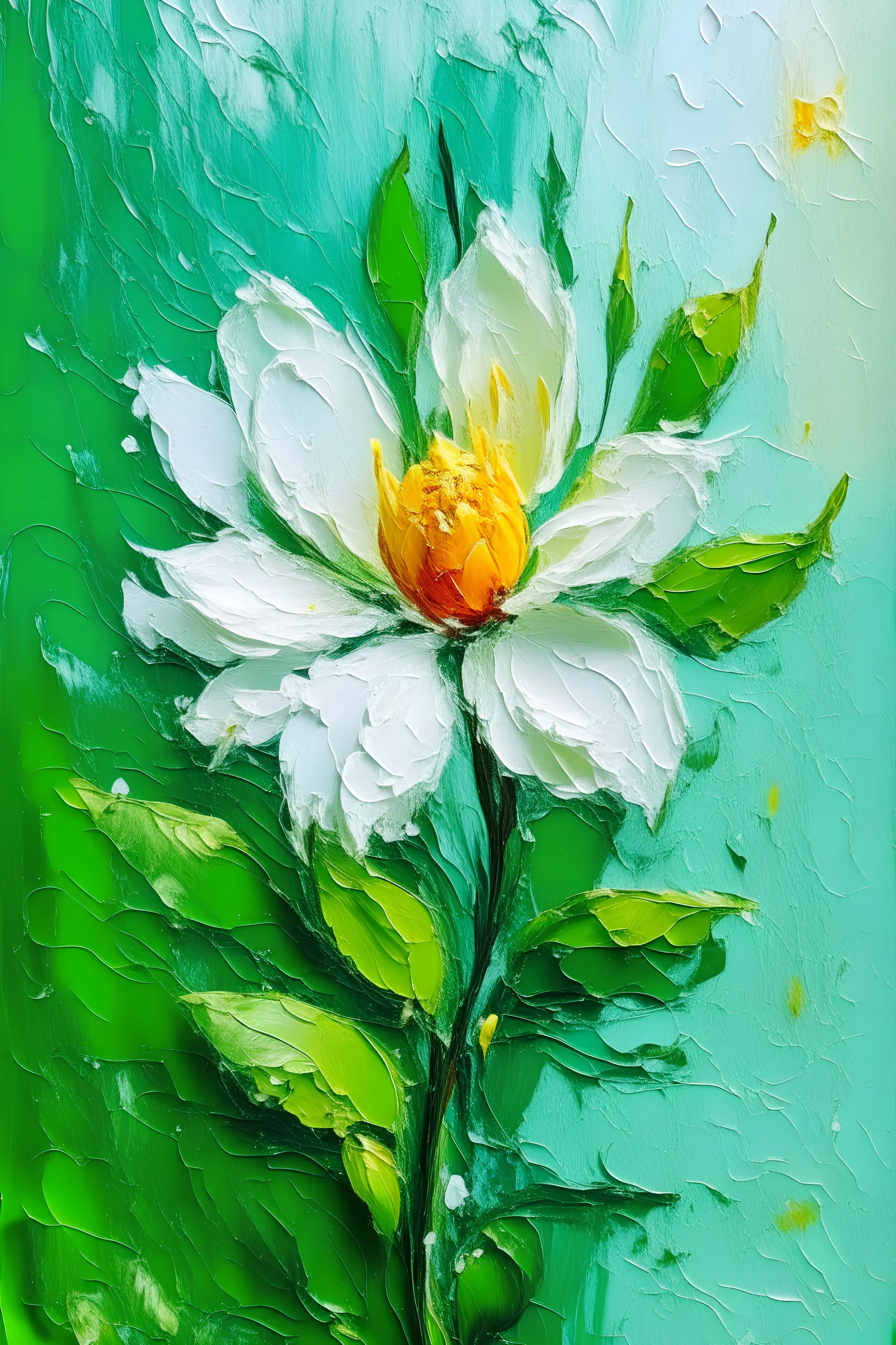 Ambrosia flower oil painting with knife technique on white and green background