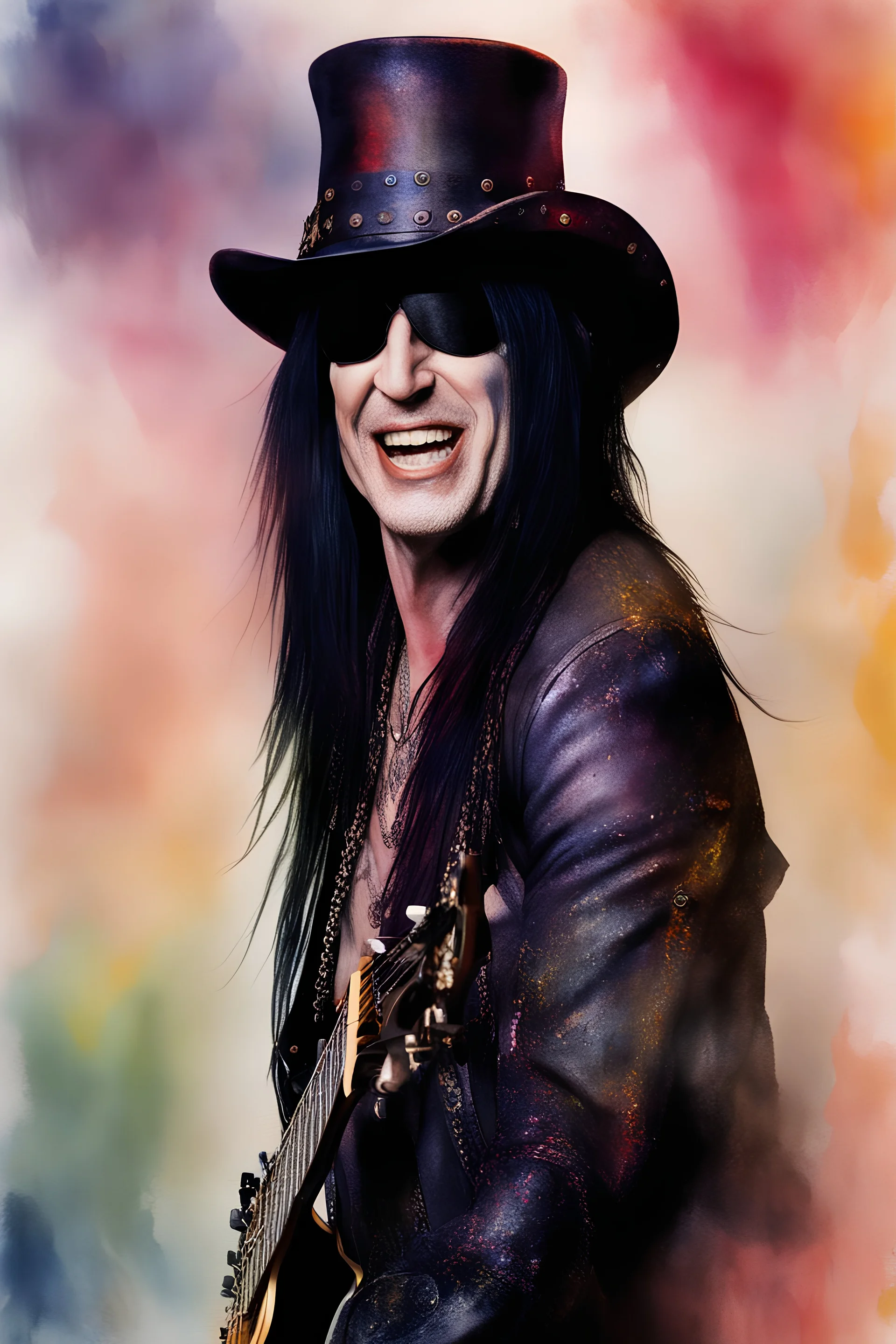 text "MOTLEY CRUE", head and shoulders portrait, Motley Crue Mick Mars - well-shaped, perfect figure, perfect face, laughing, a multicolored, watercolor stained, wall in the background, professional quality digital photograph, 4k, 8k, 32k UHD, Hyper realistic, extremely colorful, vibrant, photorealistic, realistic, sharp, highly detailed, professional quality, beautiful, awesome, majestic, superb, trending on artstation, pleasing, lovely, Cinematic, gorgeous, Real, Life like, Highly detailed,