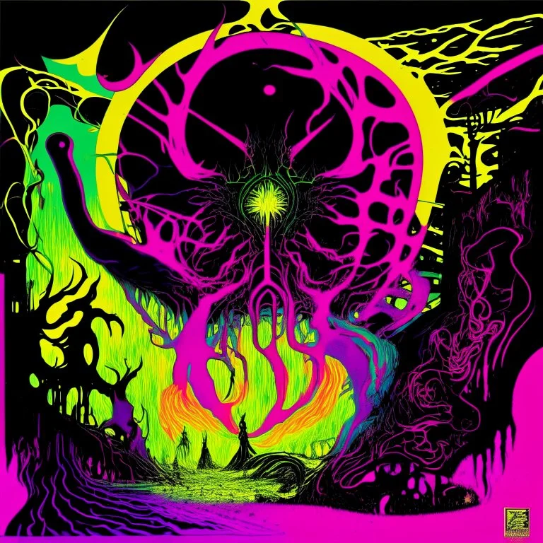 Exponential Eldritch symbolism shift, abstract surrealism, by Graham Sutherland and Arthur Secunda, silkscreened mind-bending illustration; asymmetric, synthwave album cover art, acid burn neon colors, atmosphere guided by N(t)=N0​⋅e−kt