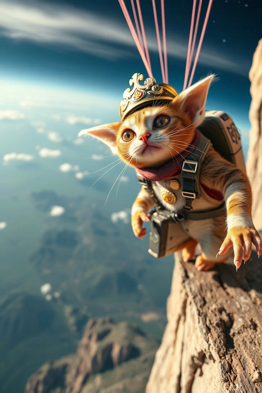 god close up on cat captain gremlin flat earther paratrooper from spaceship jumping over cliff hang