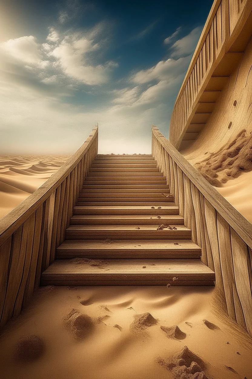 sand is crumbling from behind, walking down a long open staircase that goes into the sky, sand is flying, surrealism, stardust, fantastic, fantasy, hyper realism, realistic, 4000 k, iso 4064, hdr, 5 d, hyper detail, photorealistic painting, aesthetically pleasing, beautiful, professional photo, bright lighting, soft lighting, neon lighting, careful drawing down to small details, bright sparks, golden sand glows, ultrahd