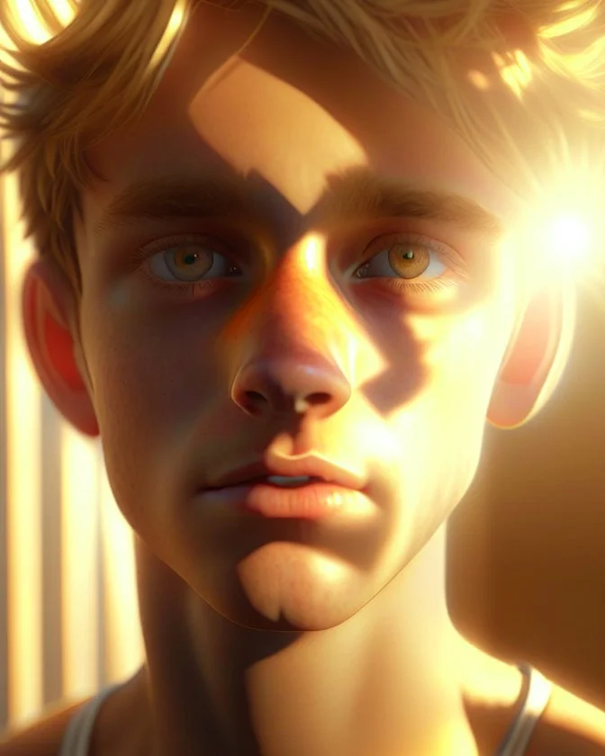 A realistic close up portrait of a young teen boy with honey brown eyes and golden blond hair, innocent and thoughtful, gazing into the camera, a hint of facial hair, wearing sleeveless shirt, inside an empty room with warm glowing sunlight streaming in, detailed, high definition, 4K, 8K, quality render