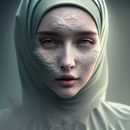 clouds of fog as woman's face, dissolving, disintegrating, wearing hijab, fine detail, highly intricate, modern surrealism painting, high-quality, volumetric lighting, 8k, ultrahd, George Grie, Marco Escobedo, Igor Morski,Brian Froud, Howard Lyon, Selina French,