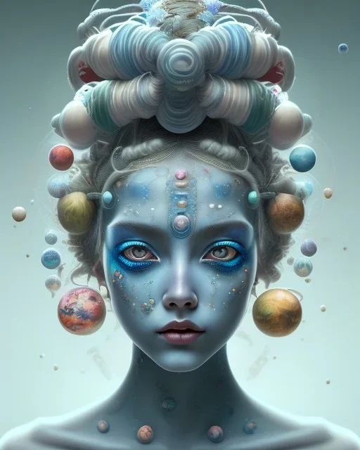 head and shoulders portrait of a woman with planets on her head, long blue hair, face paint, jester hat, Takato Yamamoto artist, Akiya Kageichi artist, Jedediah Berry inspired, 8k resolution concept art portrait, dynamic lighting, hyperdetailed, intricately detailed, maximalist, beautiful, peaceful