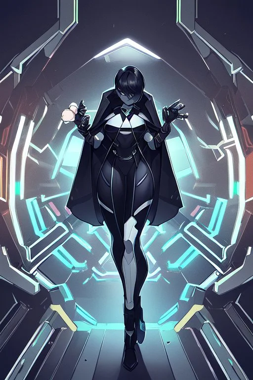 Cyberpunk netrunner, black hair, short hair, cybernetic eyes, standing in mists, Female, dark art, Ivory Peach skin, cute