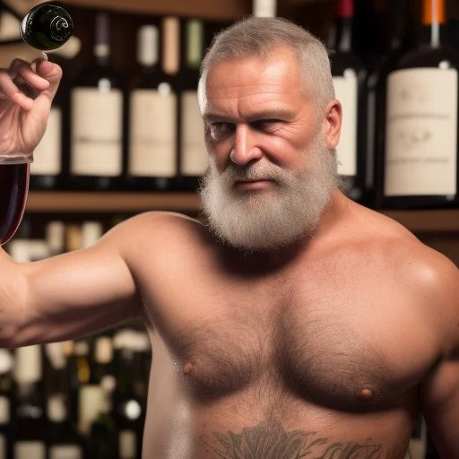 burly 60 year old man with short beard and tank top tattoo chooses a bottle in a cellar and wine bottles, look at camera, hyper realistic, Cinematic, 35mm lens, 35mm lens, f/1.8, accent lighting, global illumination