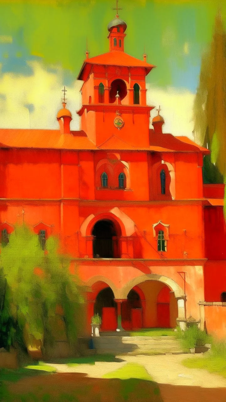 An orangish red monastery with a healing heart painted by Jeffrey Kolker
