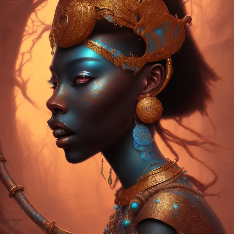 sango fantasy, fantasy magic, intricate, sharp focus, illustration, highly detailed, digital painting, concept art, matte, masterpiece head sexy view black African beauty black afro hair space lady turquoise tiger skin African princess