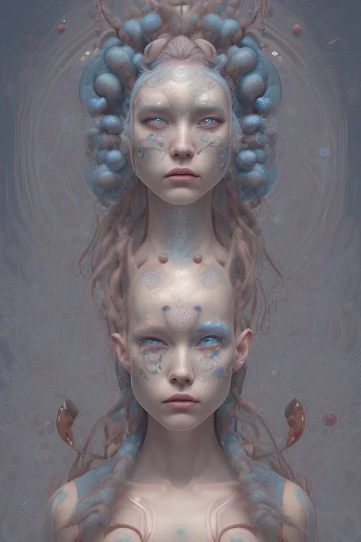 head and shoulders portrait of a woman with planets on her head, long blue hair, face paint, jester hat, Takato Yamamoto artist, Akiya Kageichi artist, Jedediah Berry inspired, 8k resolution concept art portrait, dynamic lighting, hyperdetailed, intricately detailed, maximalist, beautiful, peaceful