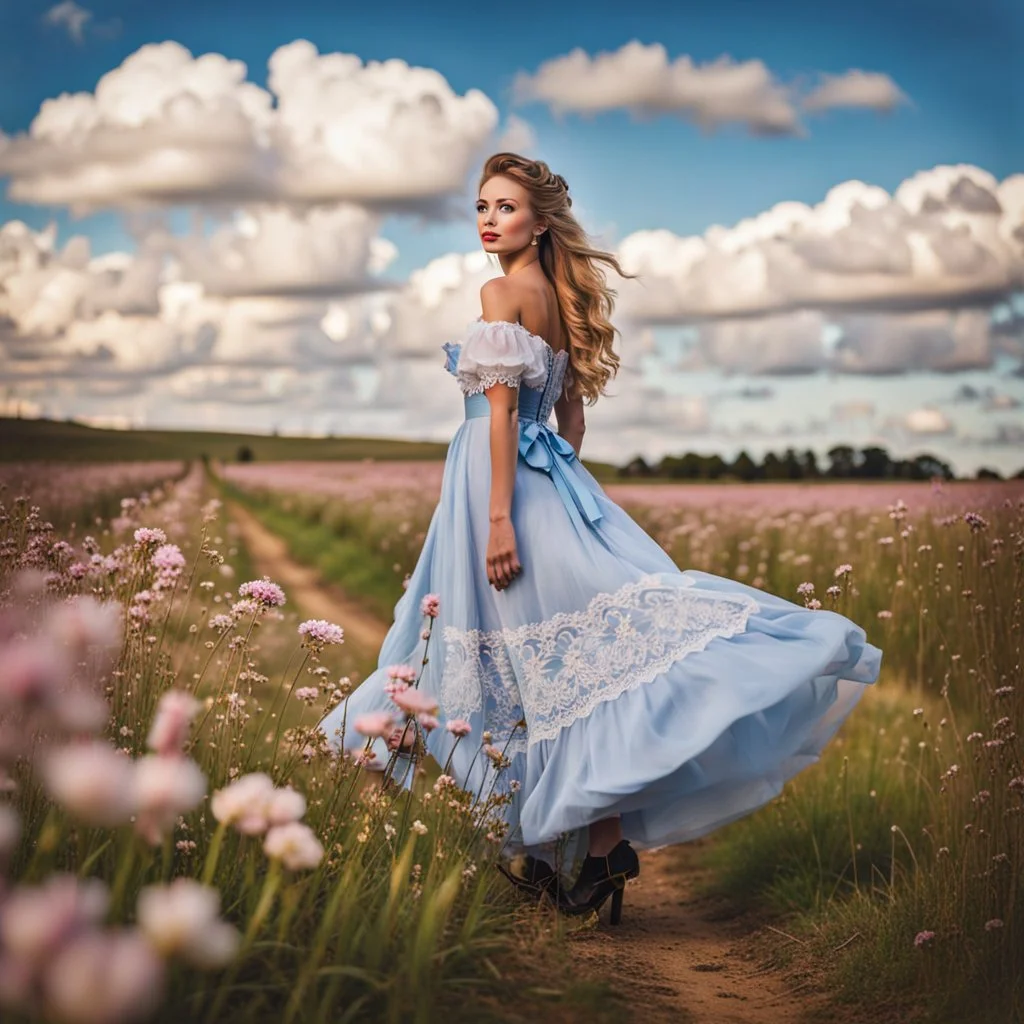 fullbody girl makeup wearing a victorian dress walking in country side ,flowers ,pretty clouds in blue sky