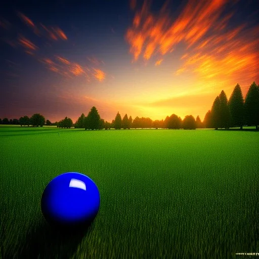 blue transparent sphere on the left, green meadow, sunset, photorealistic, 8k