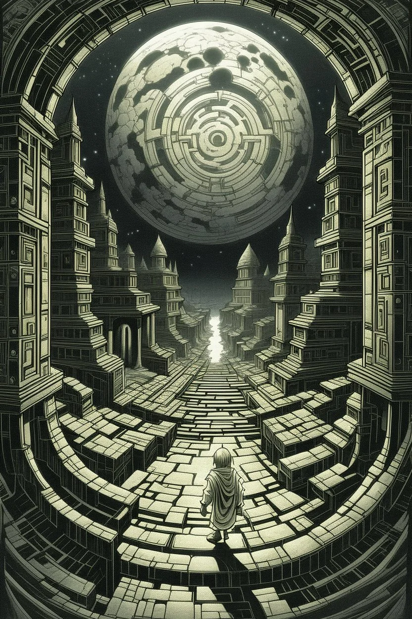 THE MOON HIDDEN SHADOWY beuracracy lost in the temple maze STYLE OF HIROKU OGAI