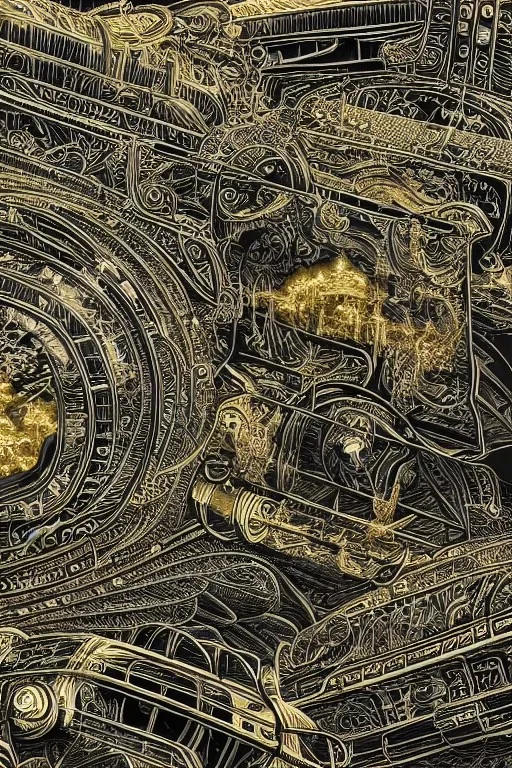 Insanely detailed intricately detailed meticulously detailed hyperdetailed black outline of a train on gold paper, high contrast, beautiful landscape, detailed full-color, nature, HD photography, Josan Gonzalez, Tishk Barzanji, Anne Dittmann, autoCAD