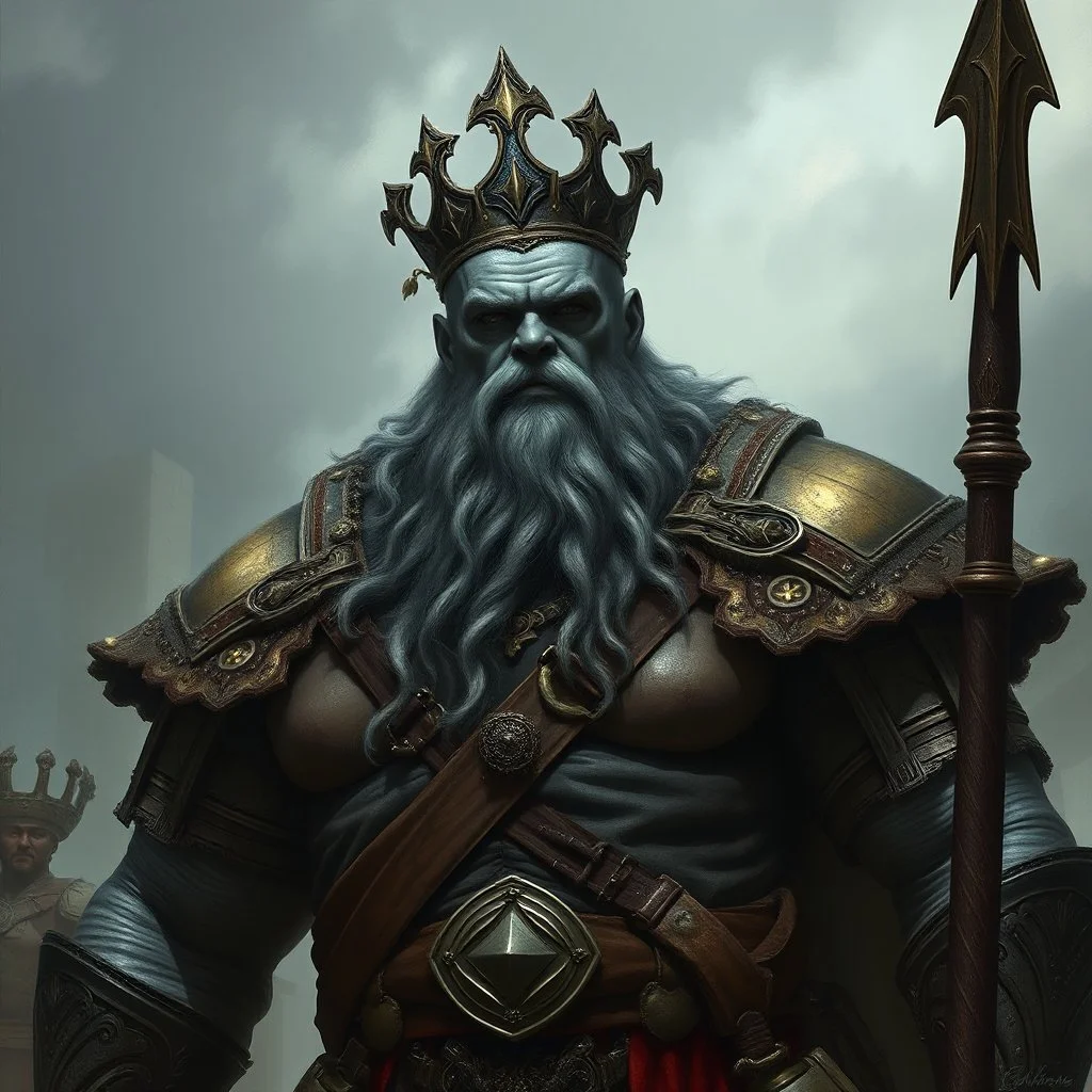 A large grey-skinned goliath nobleman with a renaissance style fantasy grimdark realistic