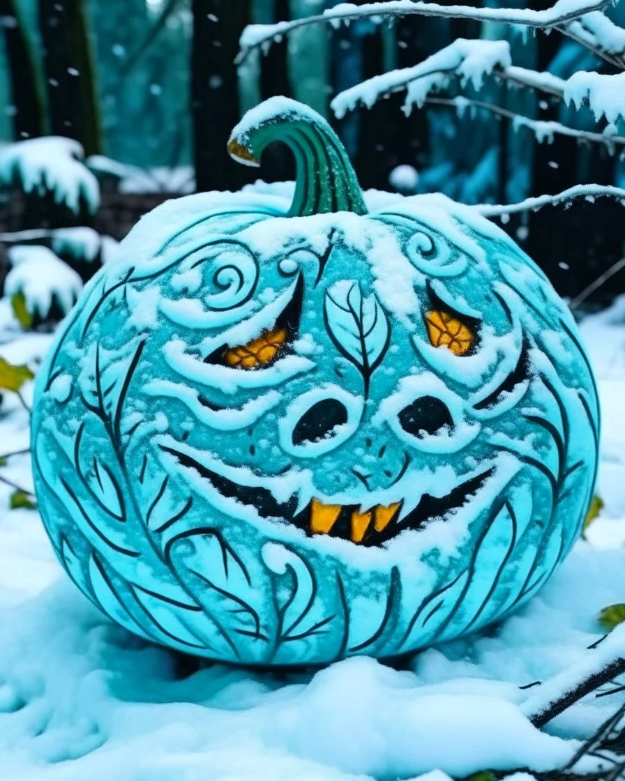 A cyan Jack-O-Lantern covered in snow designed in German folk art painted by Vincent van Gogh